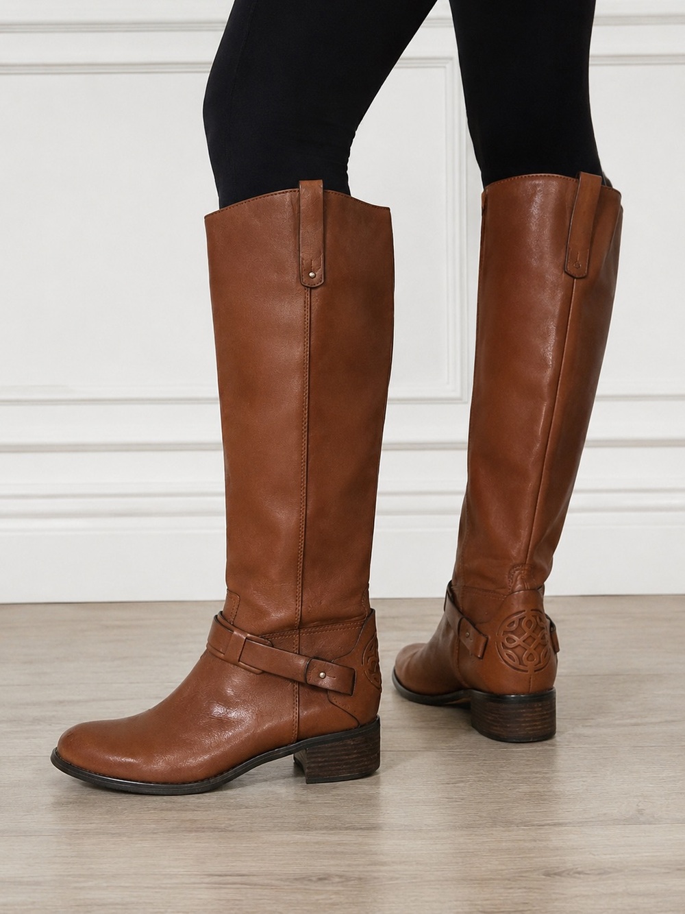 Franco Fortini Campbell Riding Boots Womens Brown Knee High Side Zip Buckle Logo